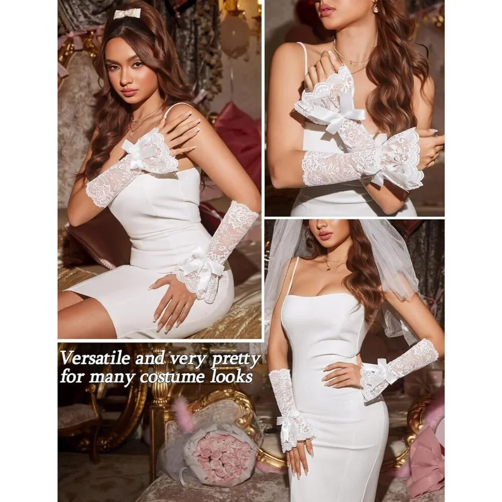 Women's Fingerless White Bow Lace Gloves Elbow Sleeve Costume Party Prom