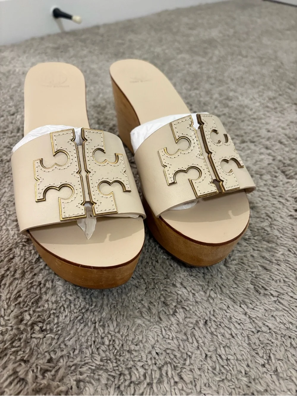 Tory Burch Beige Leather Logo Platform Slides
