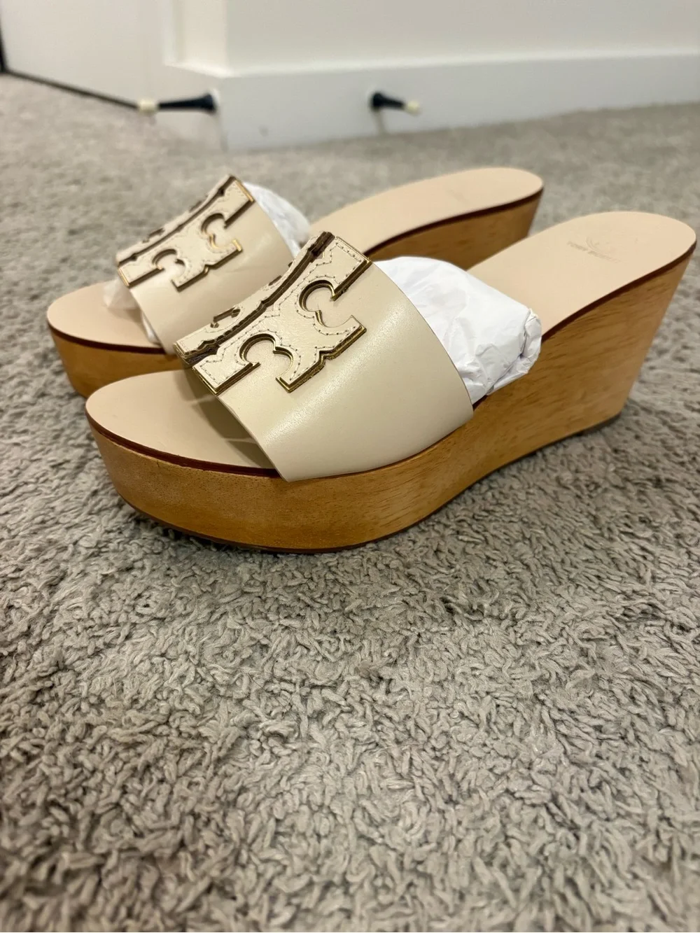 Tory Burch Beige Leather Logo Platform Slides