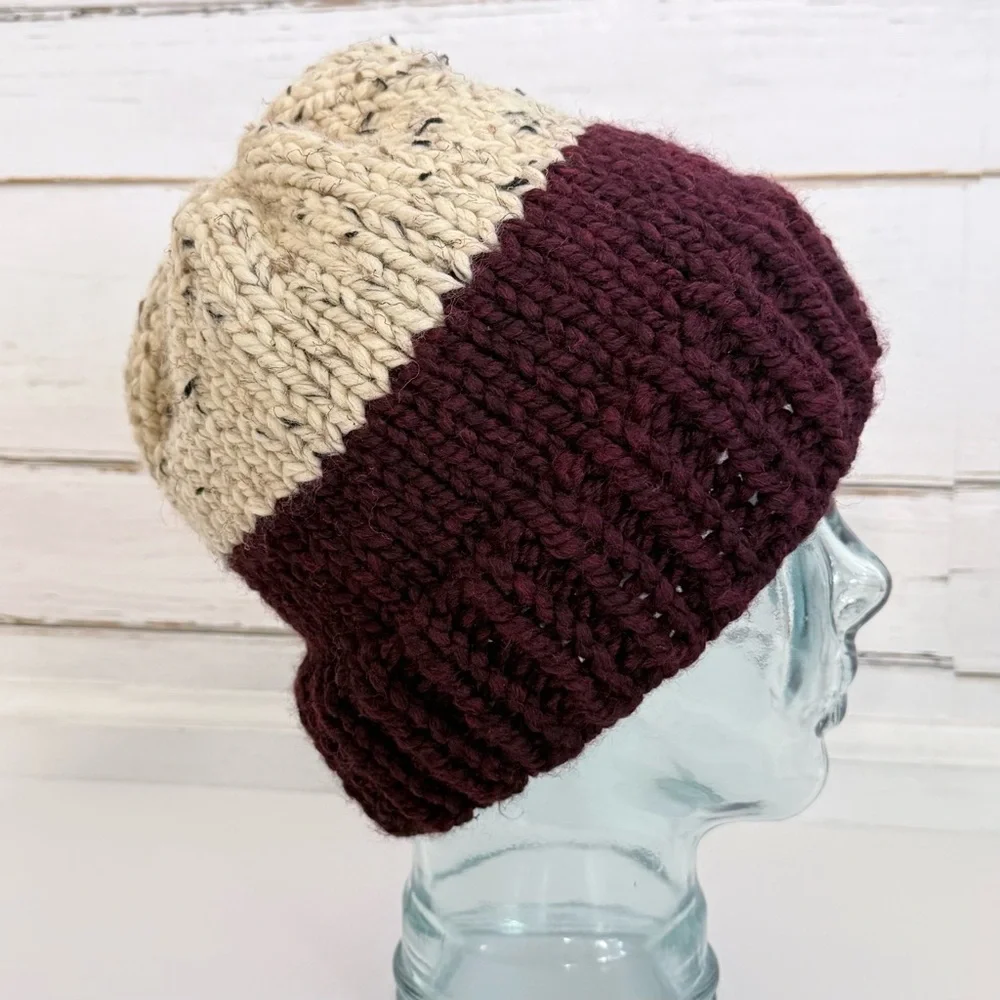 Handmade Two-Tone Knit Beanie – Burgundy & Cream