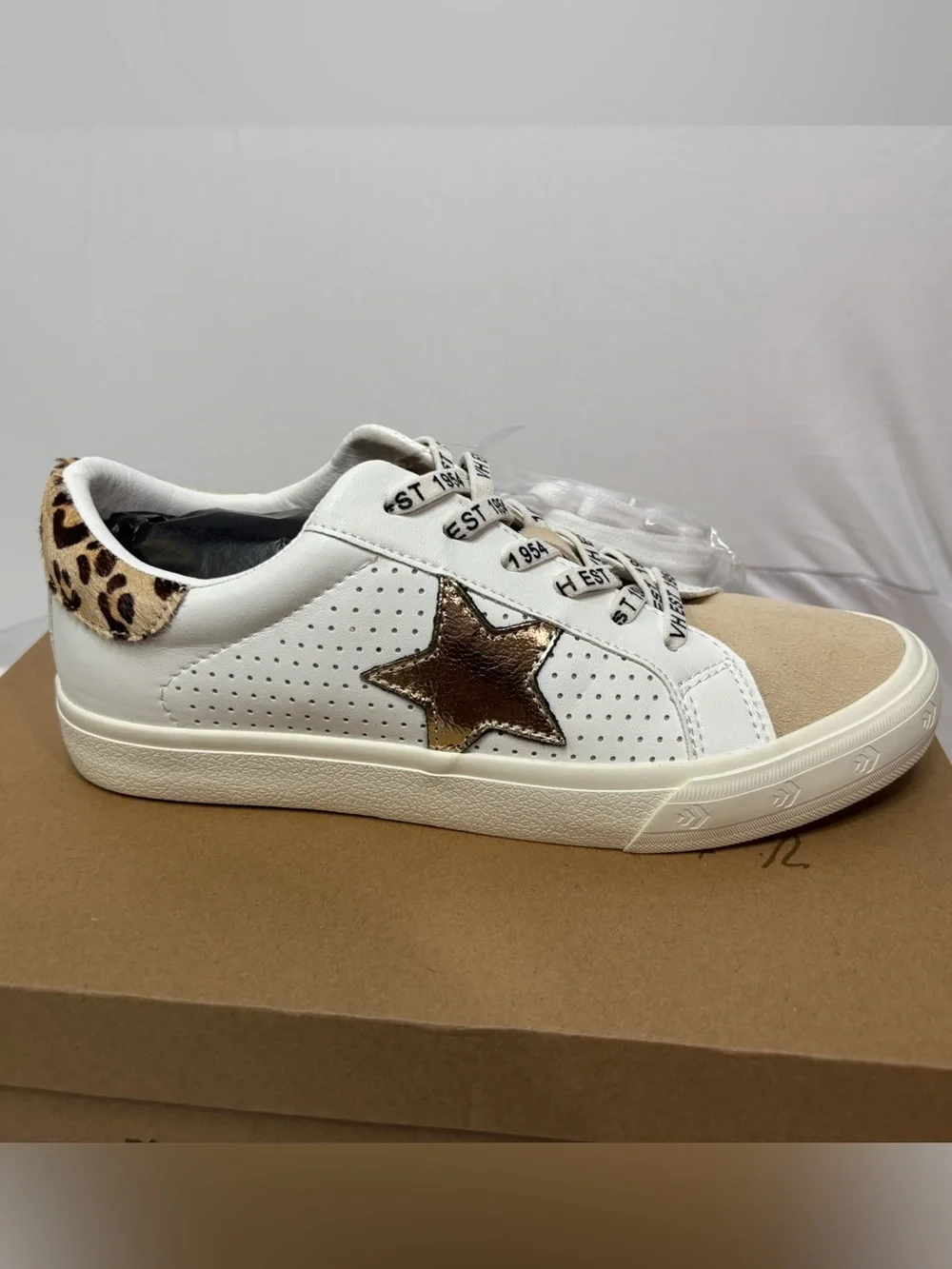 Vintage Havana White Sneaker with Bronze Star and Leopard Accent