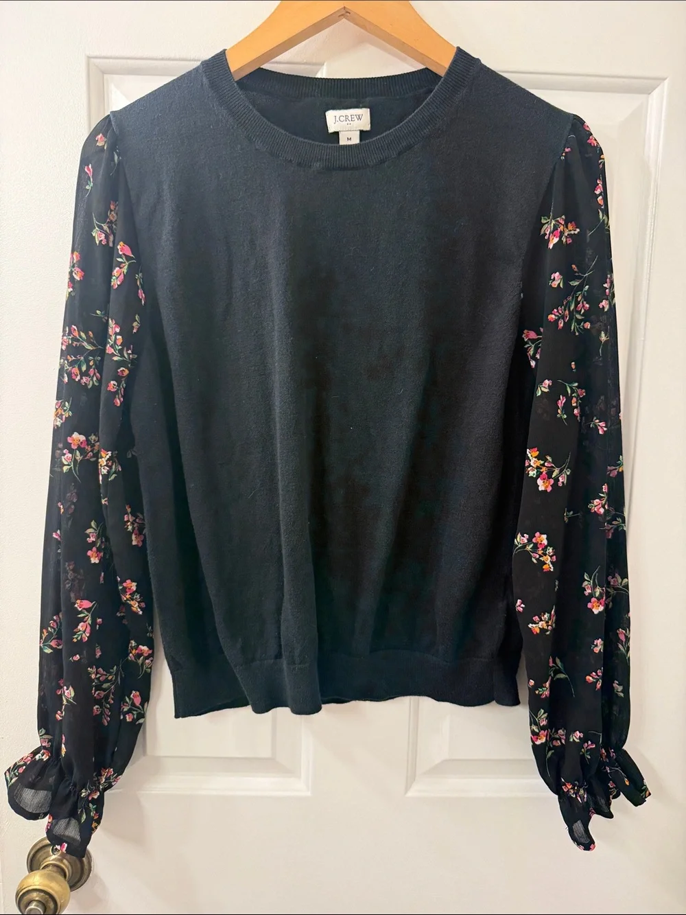 J. Crew Black Sweater with Floral Balloon Sleeves