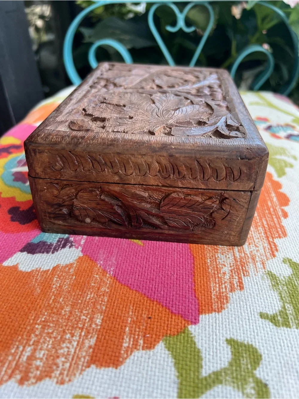 Vintage Hand Carved Indian Sheesham Wood Trinket Jewelry Box Floral Keepsake