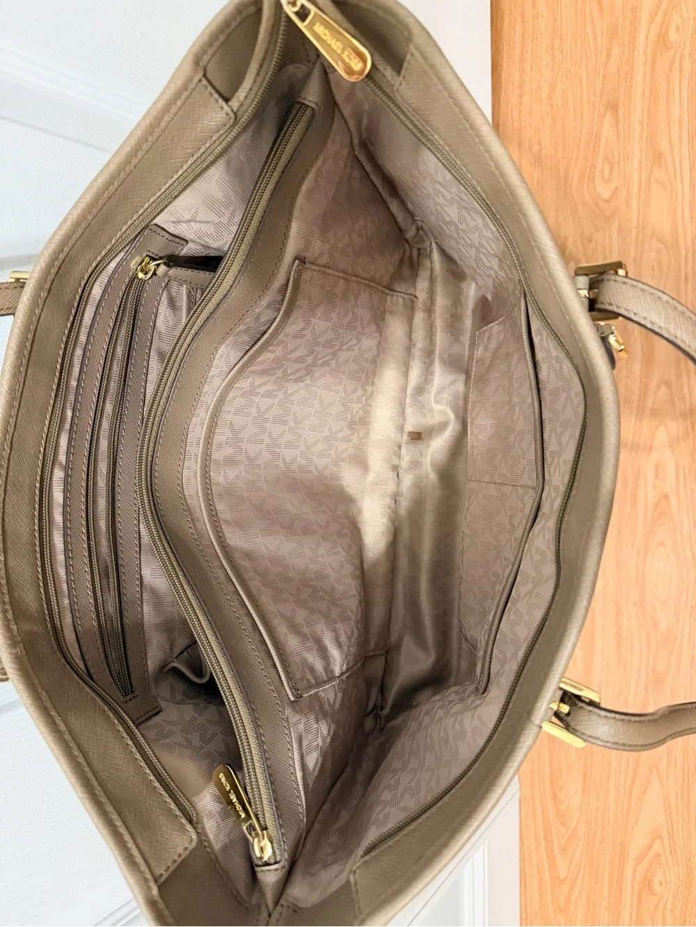Michael Kors Beige Taupe Saffiano Leather Tote with Gold Hardware