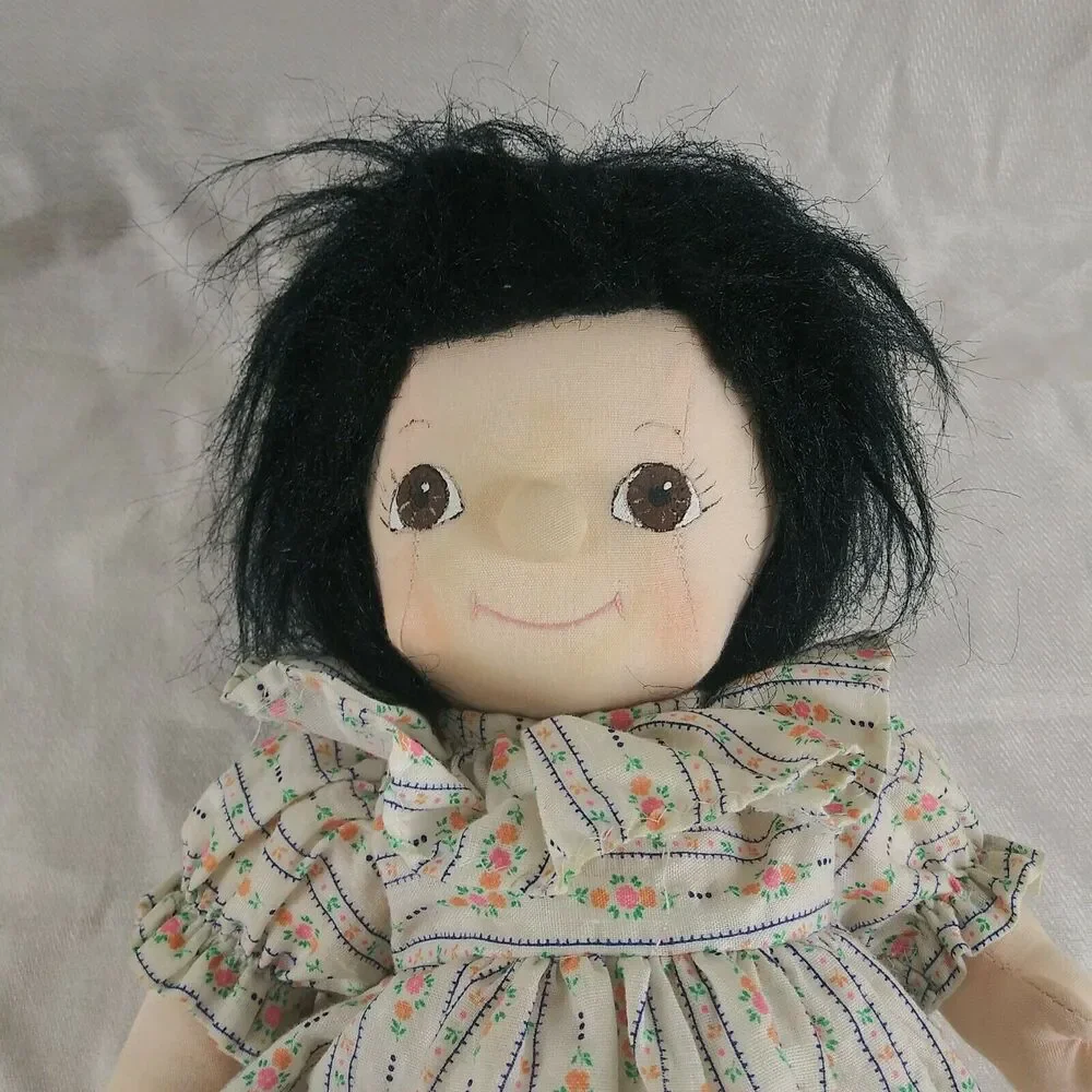 Full Cloth Stuffed Doll - Black Hair - Brown Painted Eyes - 13 inch - Big Eyes