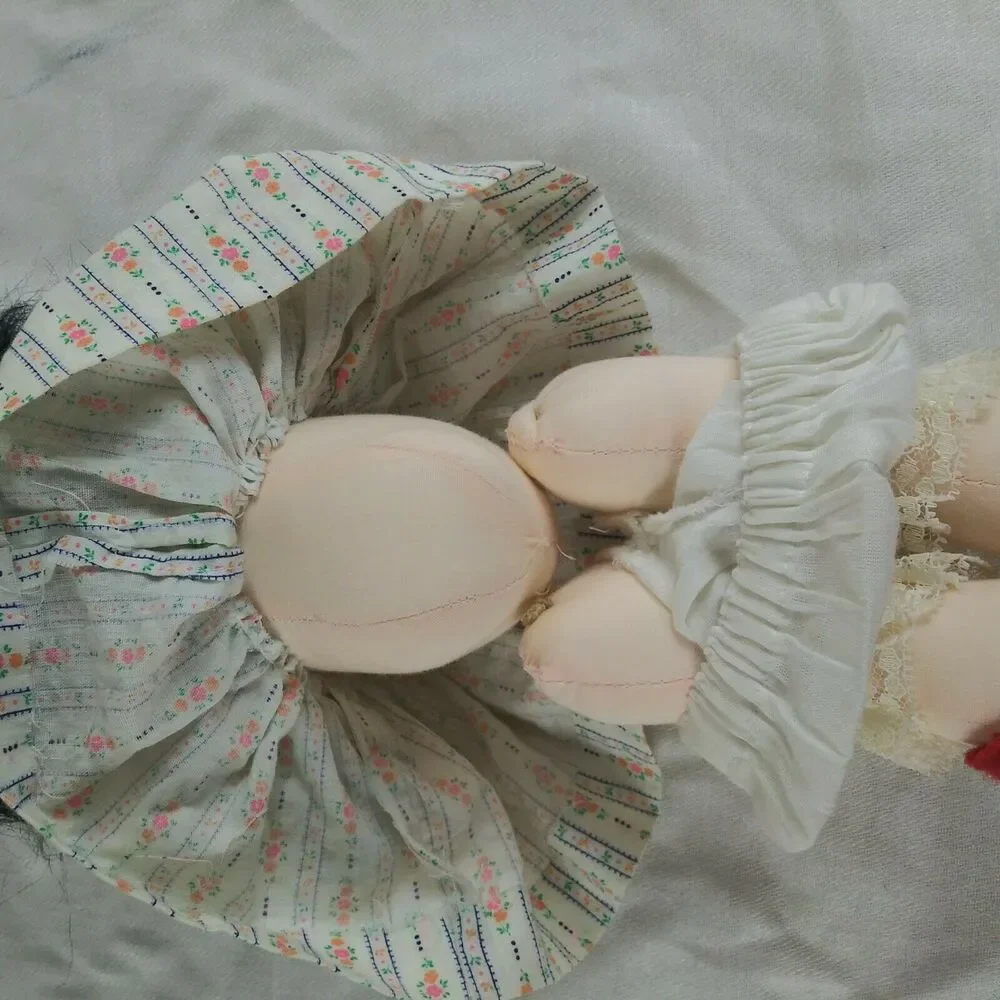 Full Cloth Stuffed Doll - Black Hair - Brown Painted Eyes - 13 inch - Big Eyes