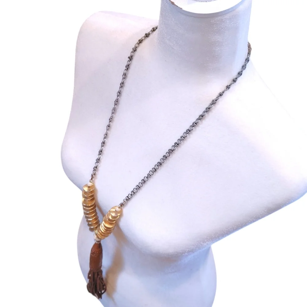 Chico's Fringe Pendant Gold Bead Western Long Statement Necklace Fashion Jewelry