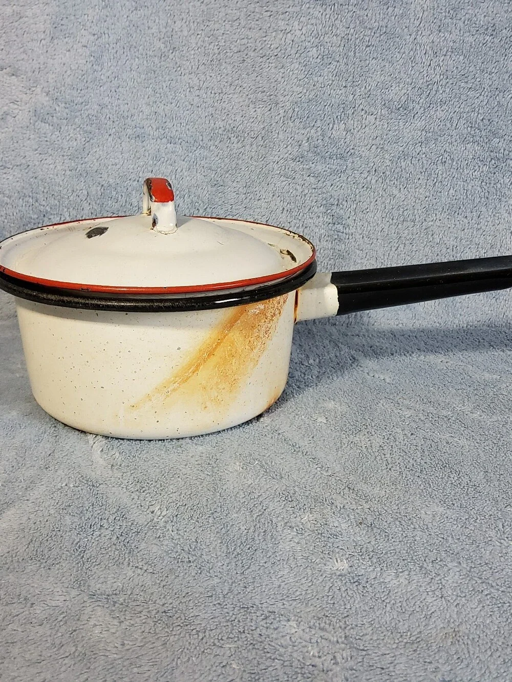 Vintage Enamelware Saucepan Pot With Lid White Black Red Trim Farmhouse Decor