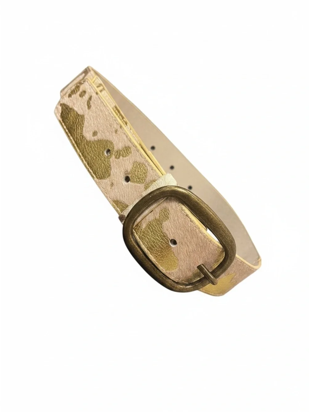 Neutral Gold Accent Cowhide Leather Fur Belt with Antiqued Brass Buckle