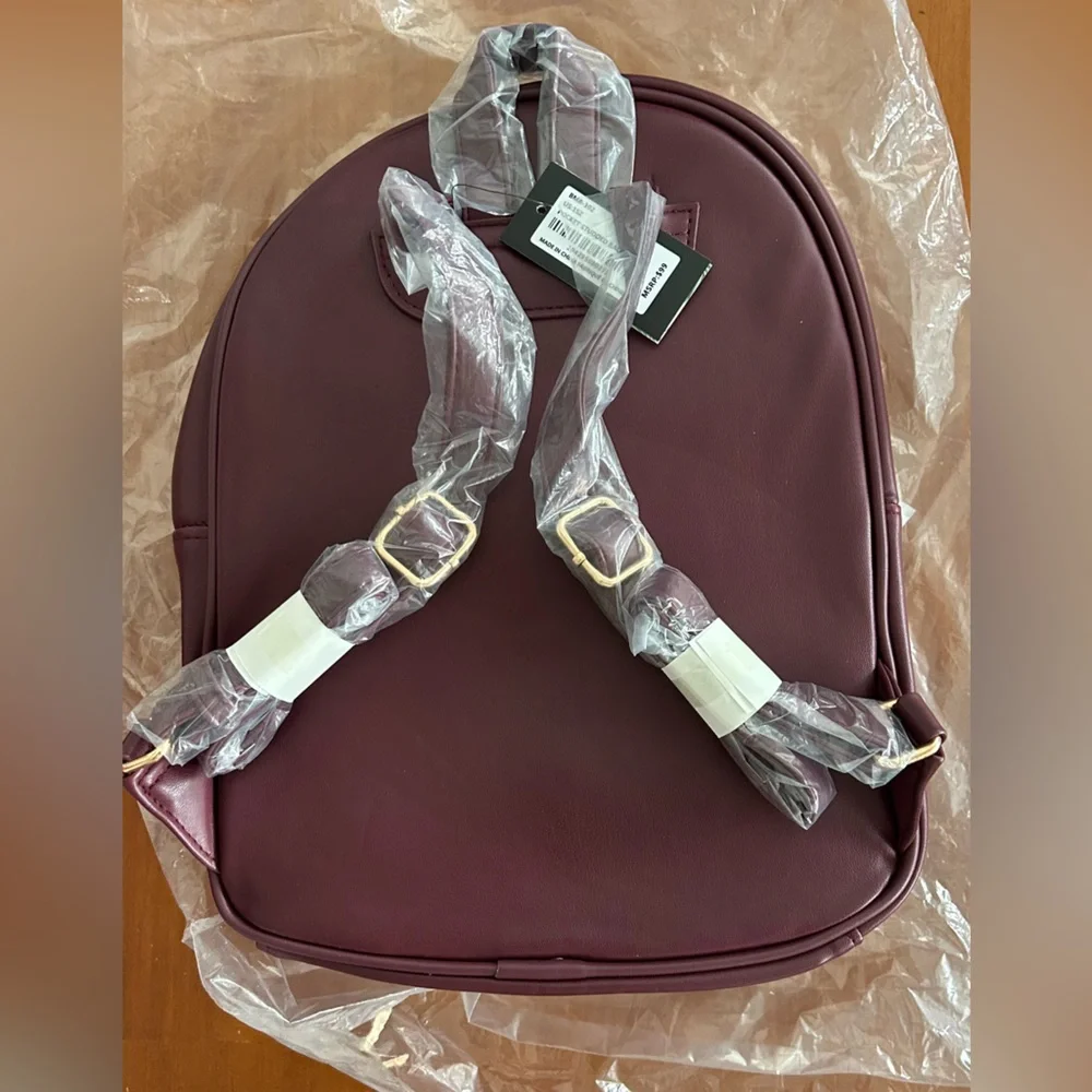 NWT BADGLEY MISCHKA Vegan Leather Plum & Gold Studded Backpack w Callout