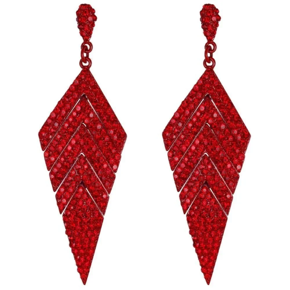 Red with Ruby Red Crystal Rhombus Banquet Chandelier Dangling Post Back Earrings