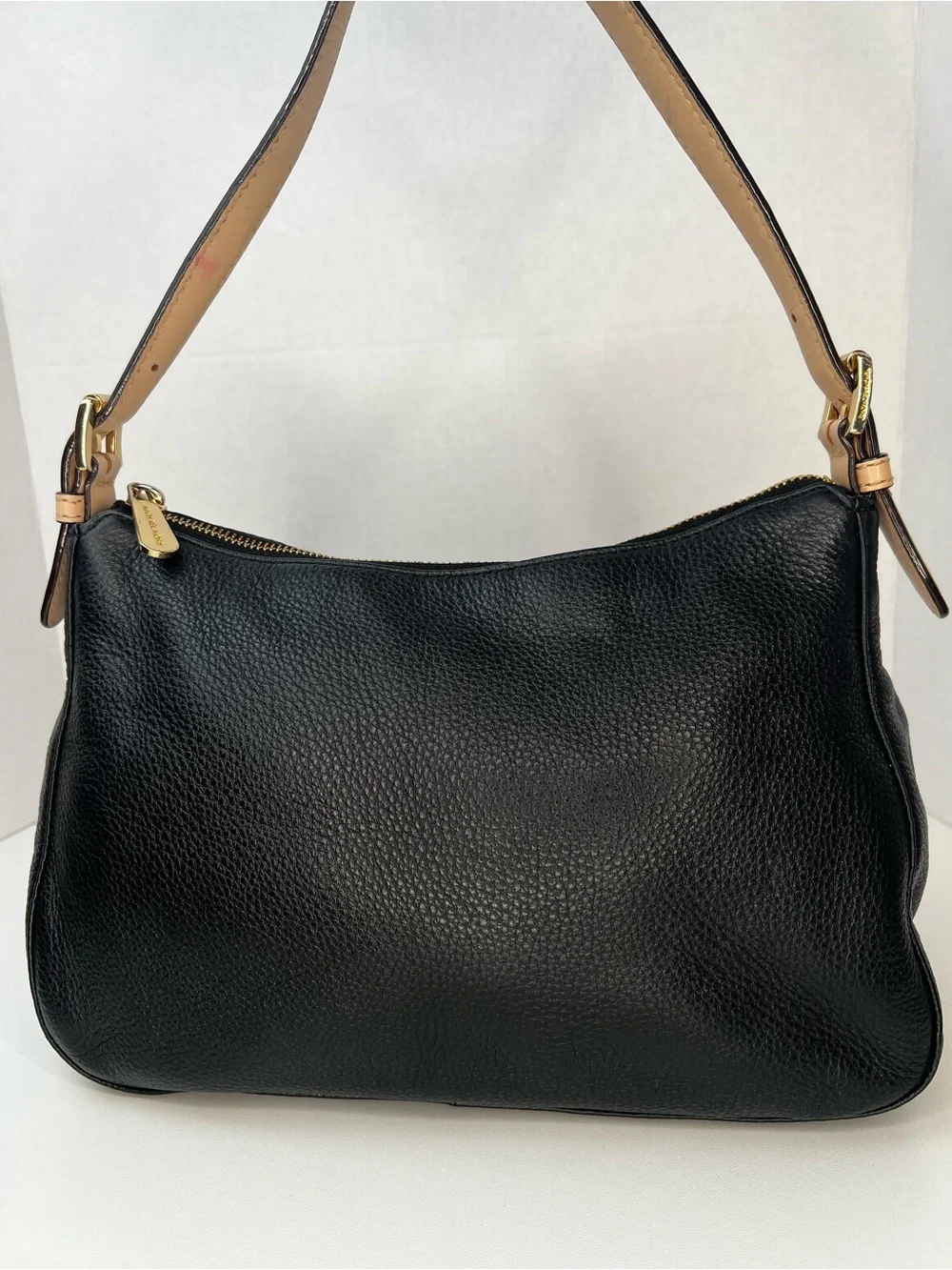Michael Kors Black Pebbled Leather Shoulder Bag with Tan Trim