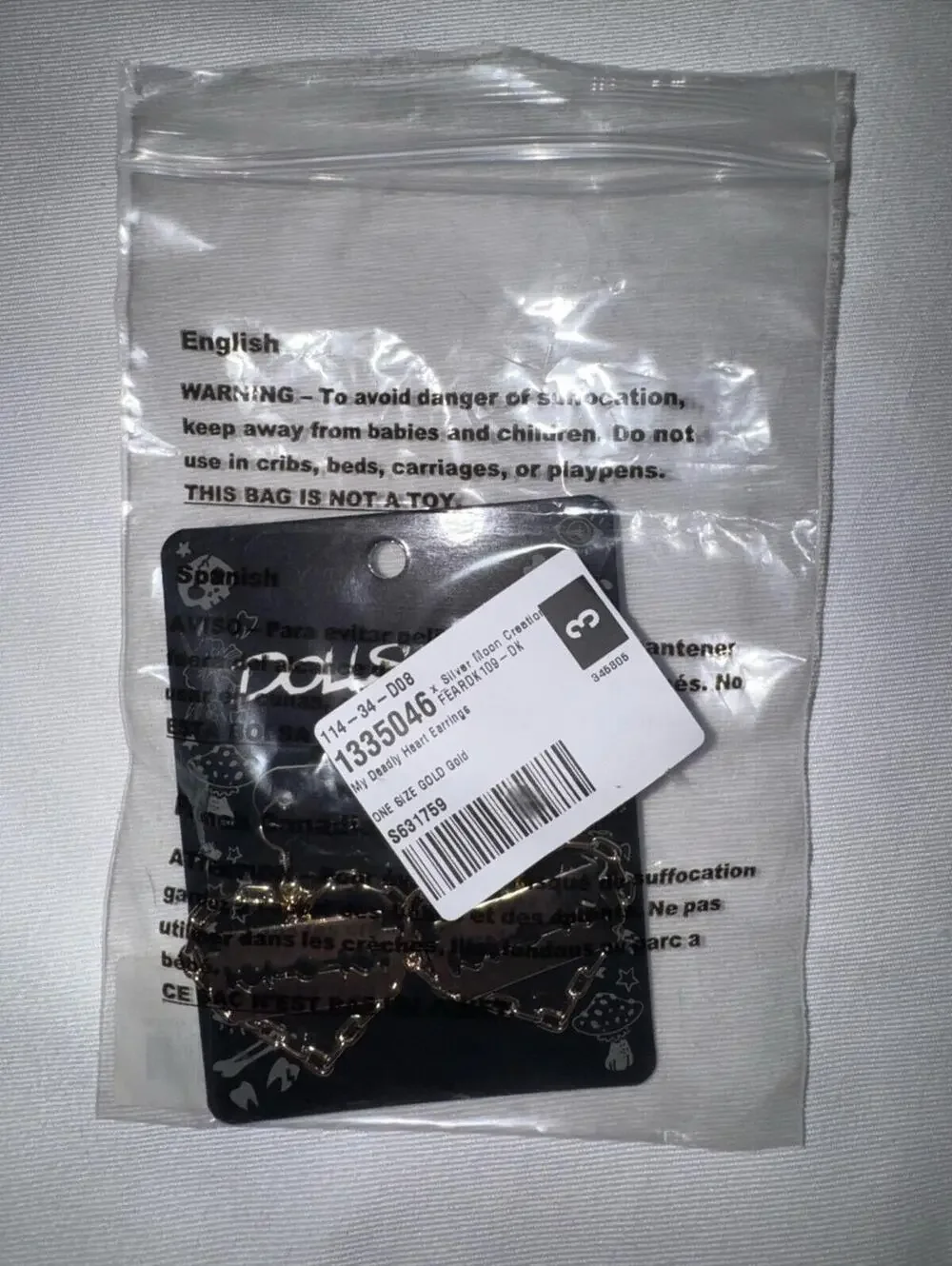 Dolls Kill Heart Chain Razor Blade Drop Earrings Gold NWT