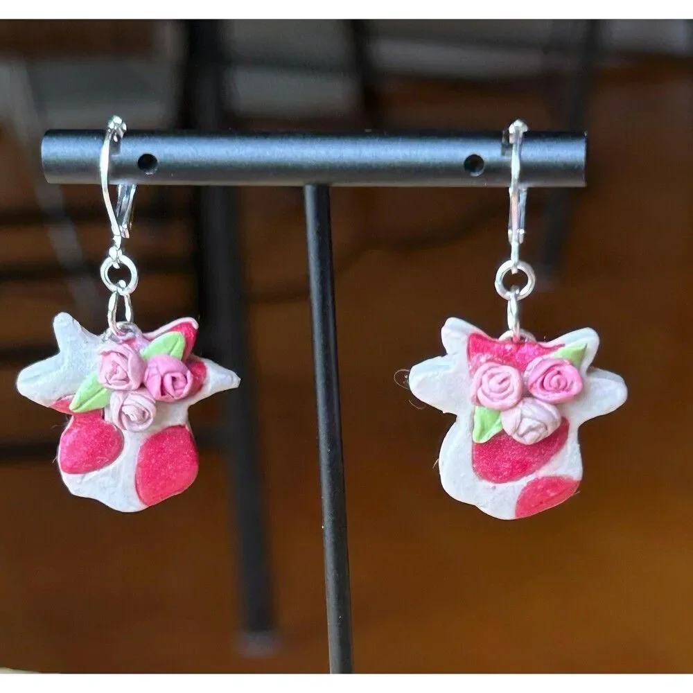 Pink Heart Cows‎ with Roses Polymer Clay Handmade Earrings