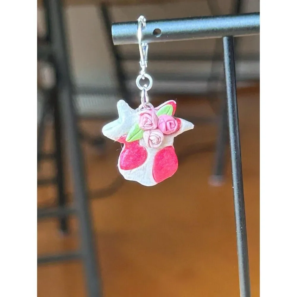 Pink Heart Cows‎ with Roses Polymer Clay Handmade Earrings