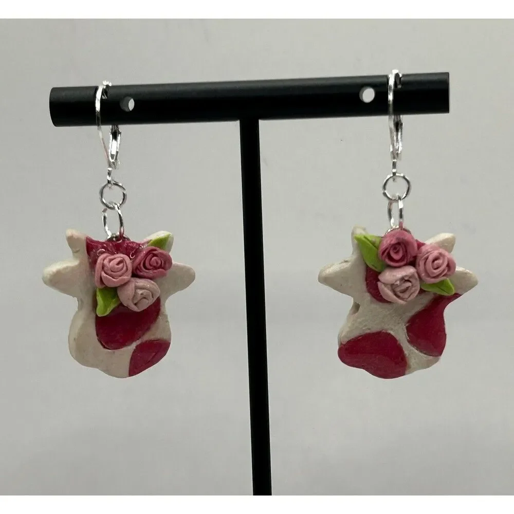 Pink Heart Cows‎ with Roses Polymer Clay Handmade Earrings