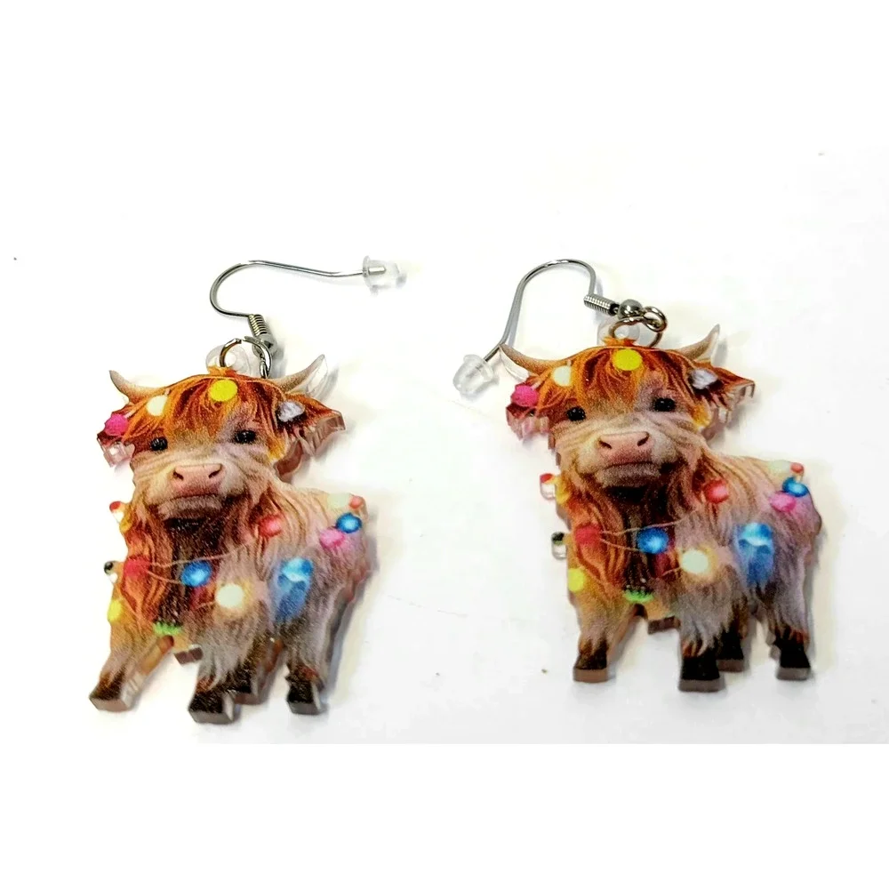 Highland Cow Christmas‎ Lights Dangle Earrings Women Holiday Acrylic Jewelry