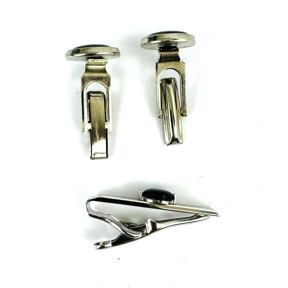 Swank Mens Vintage Silver Tone‎ Black Cabochon Cufflinks and Tie Clip Set MCM