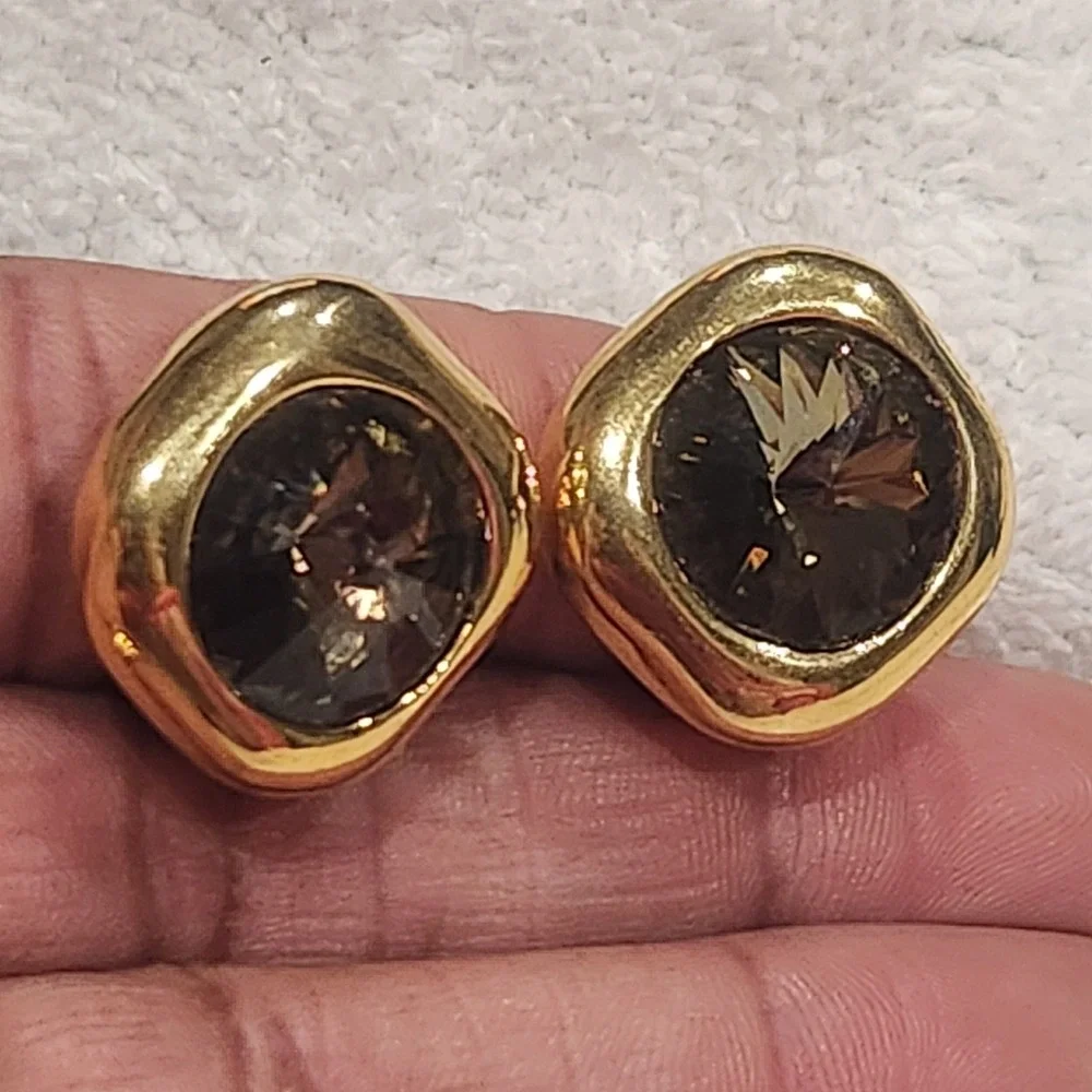 Vintage Georgiou Gold‎ Tone Smoky Brown Crystal Clip On Earrings Chunky Square