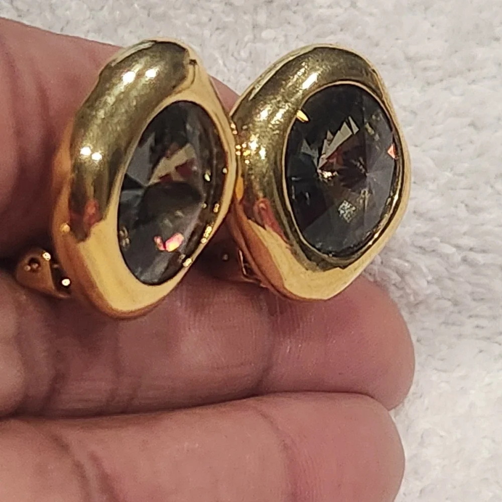 Vintage Georgiou Gold‎ Tone Smoky Brown Crystal Clip On Earrings Chunky Square