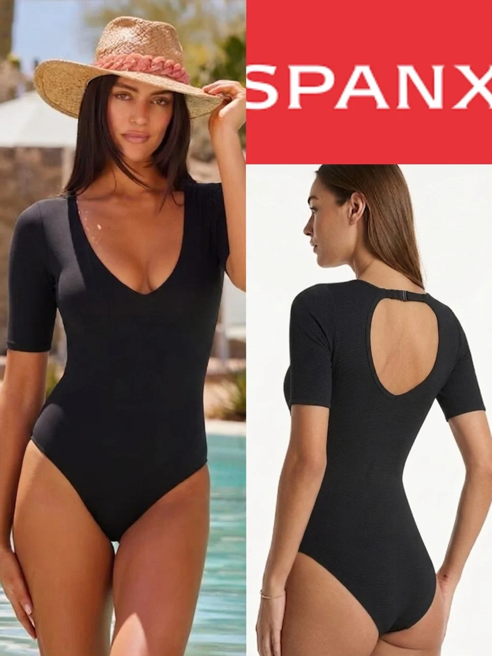 New season! Spanx Piqué Shaping Short Sleeve One-Piece Rashguard Swimsuit