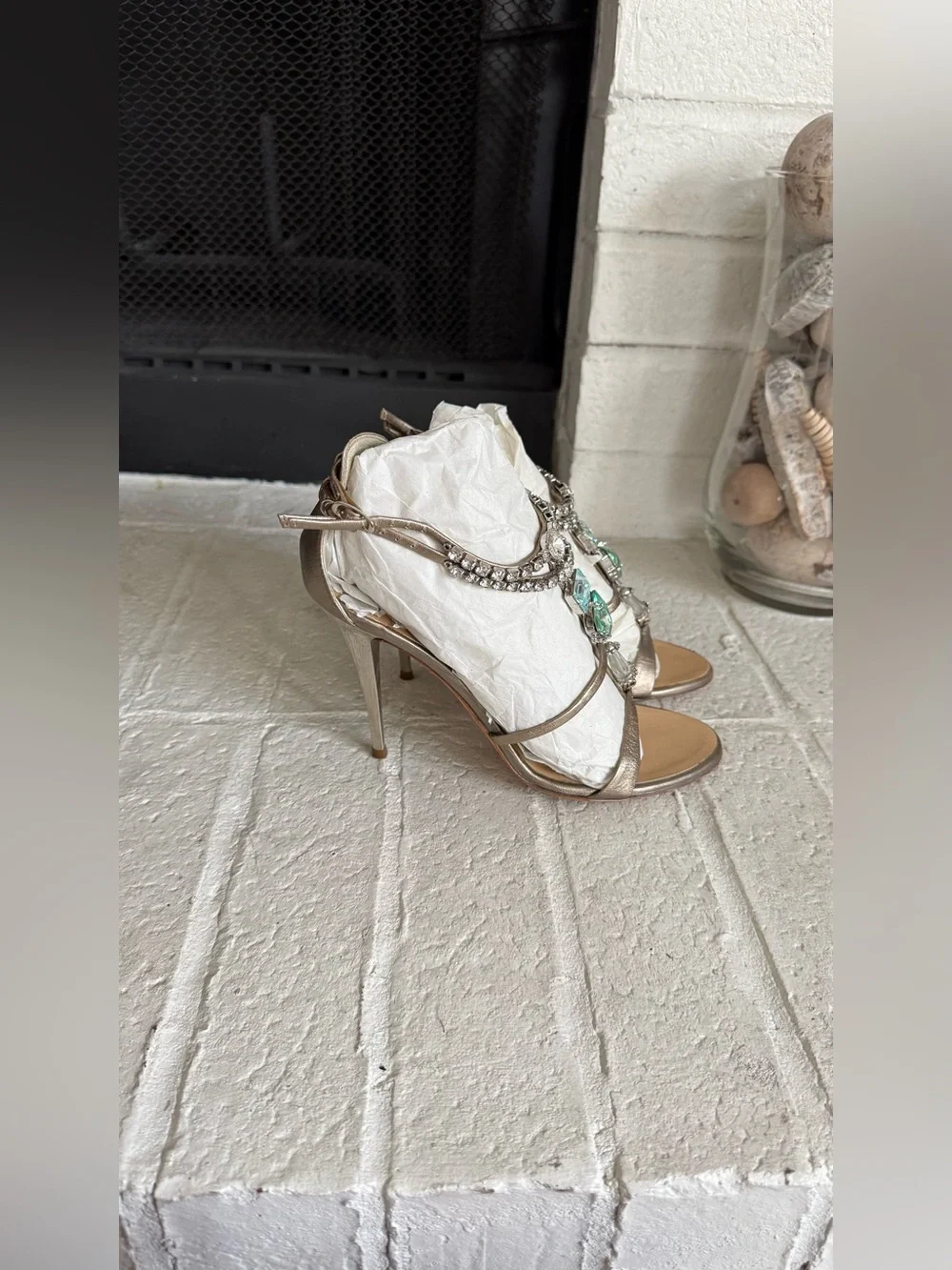 Giuseppe Zanotti Jewel Crystal Sandals Champagne Leather Heels EU 37