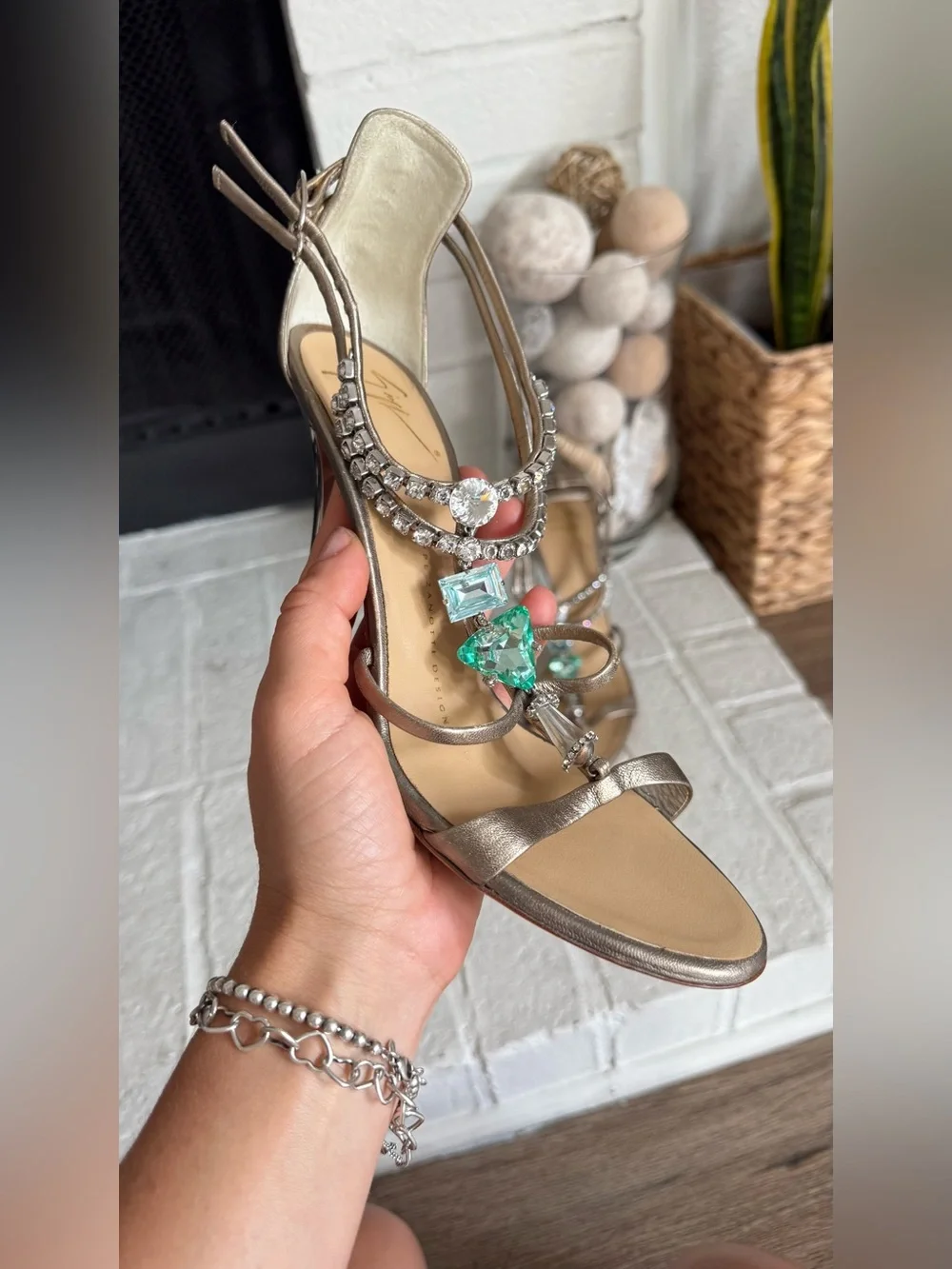 Giuseppe Zanotti Jewel Crystal Sandals Champagne Leather Heels EU 37