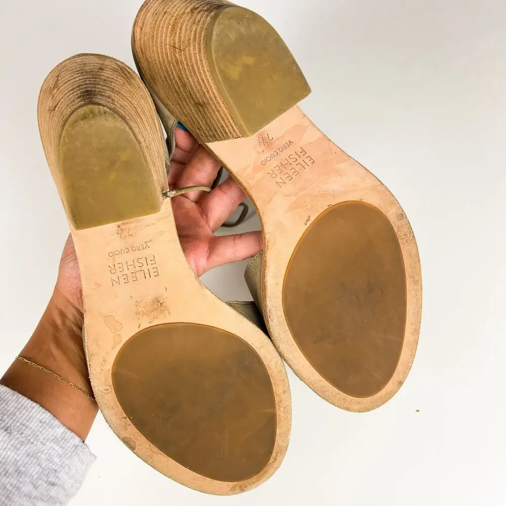 Eileen Fisher Ann Ankle Tie Leather Chunky 3” Heel Sandals Gray Beige - 7.5