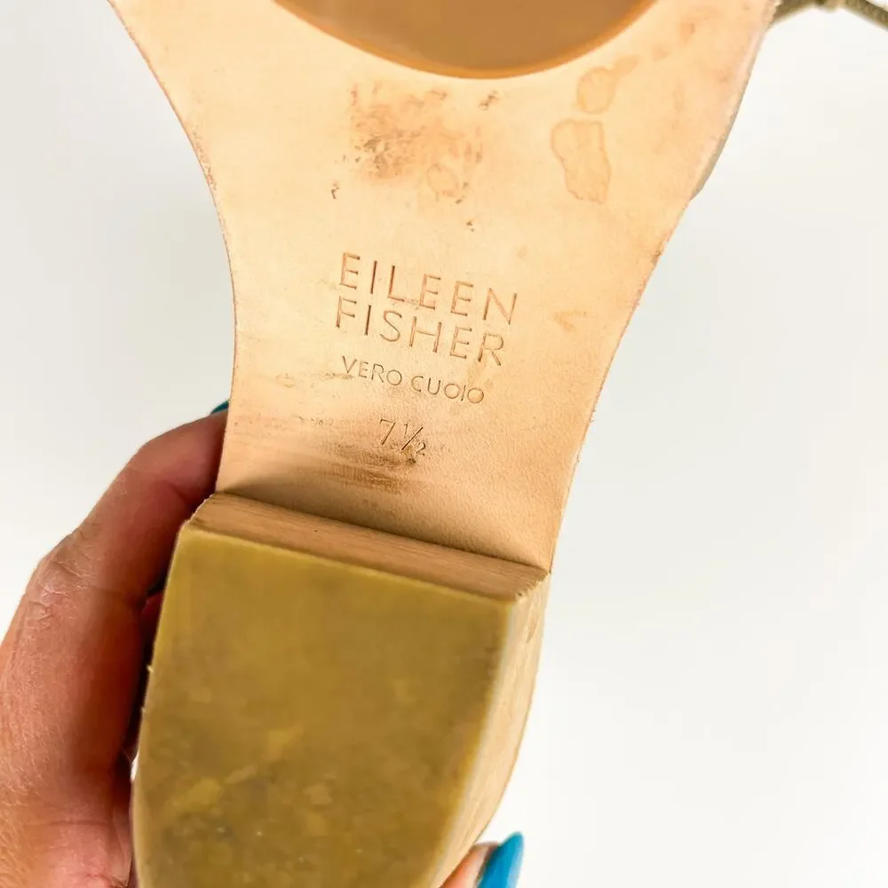 Eileen Fisher Ann Ankle Tie Leather Chunky 3” Heel Sandals Gray Beige - 7.5