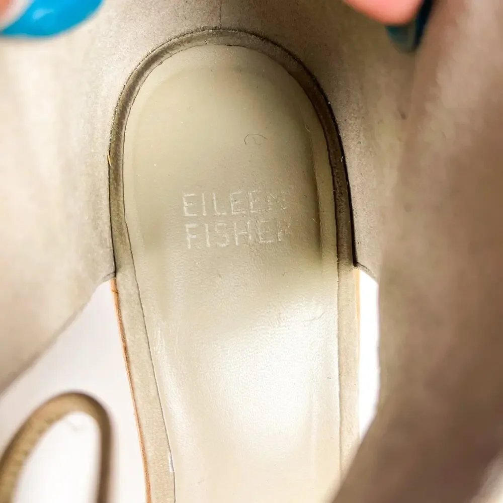 Eileen Fisher Ann Ankle Tie Leather Chunky 3” Heel Sandals Gray Beige - 7.5
