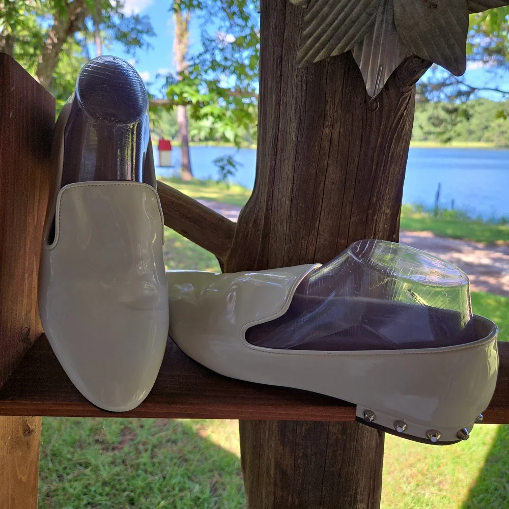 Marc Fisher Abree2 Cream Patent Leather Silver Studded Smoking Shoe