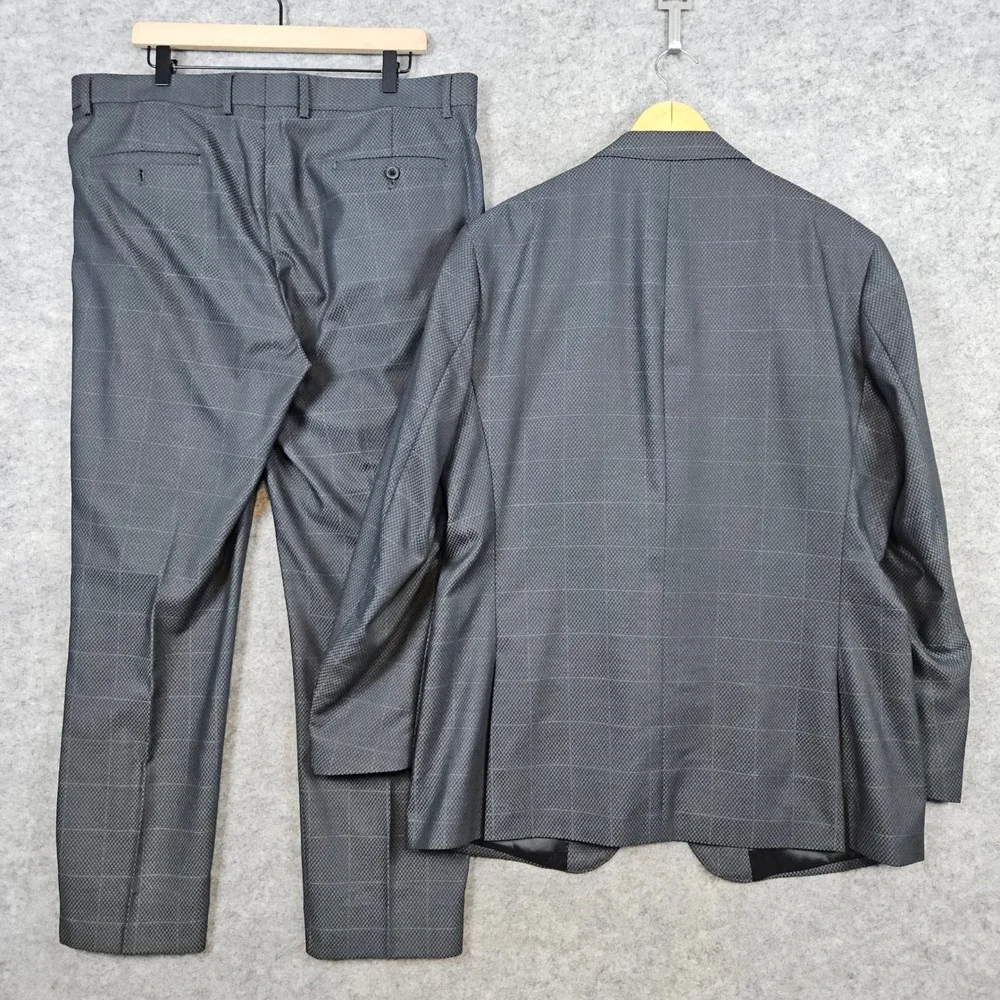 Statement Italy Gray Geometric Windowpane 2-Pc‎ Super 200s Wool 44L 39x30 FLAW
