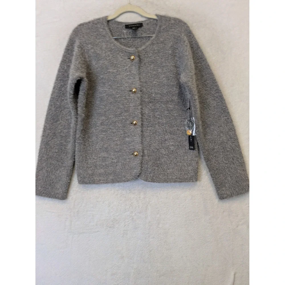 Tahari Women's Size S Gray Eyelash Knit Fuzzy Cardigan Gold Button Sweater NWT‎