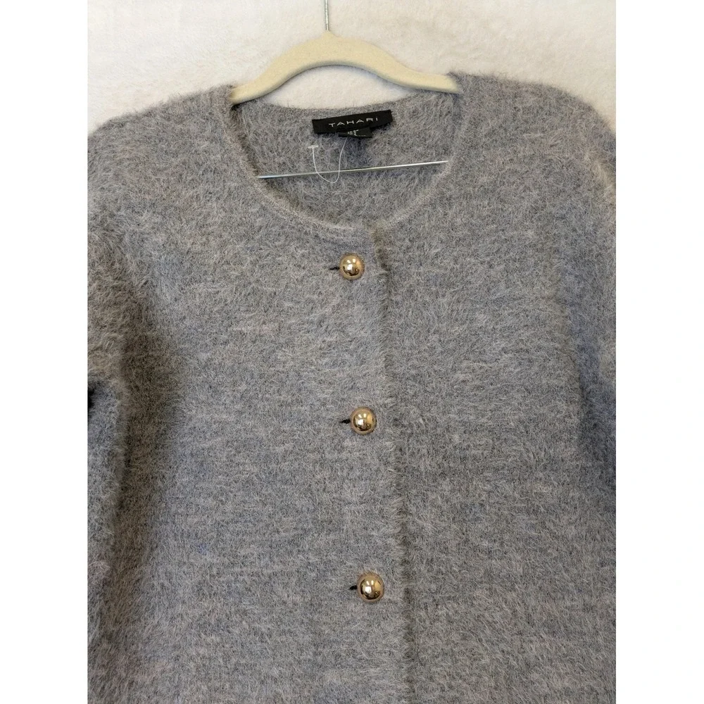 Tahari Women's Size S Gray Eyelash Knit Fuzzy Cardigan Gold Button Sweater NWT‎