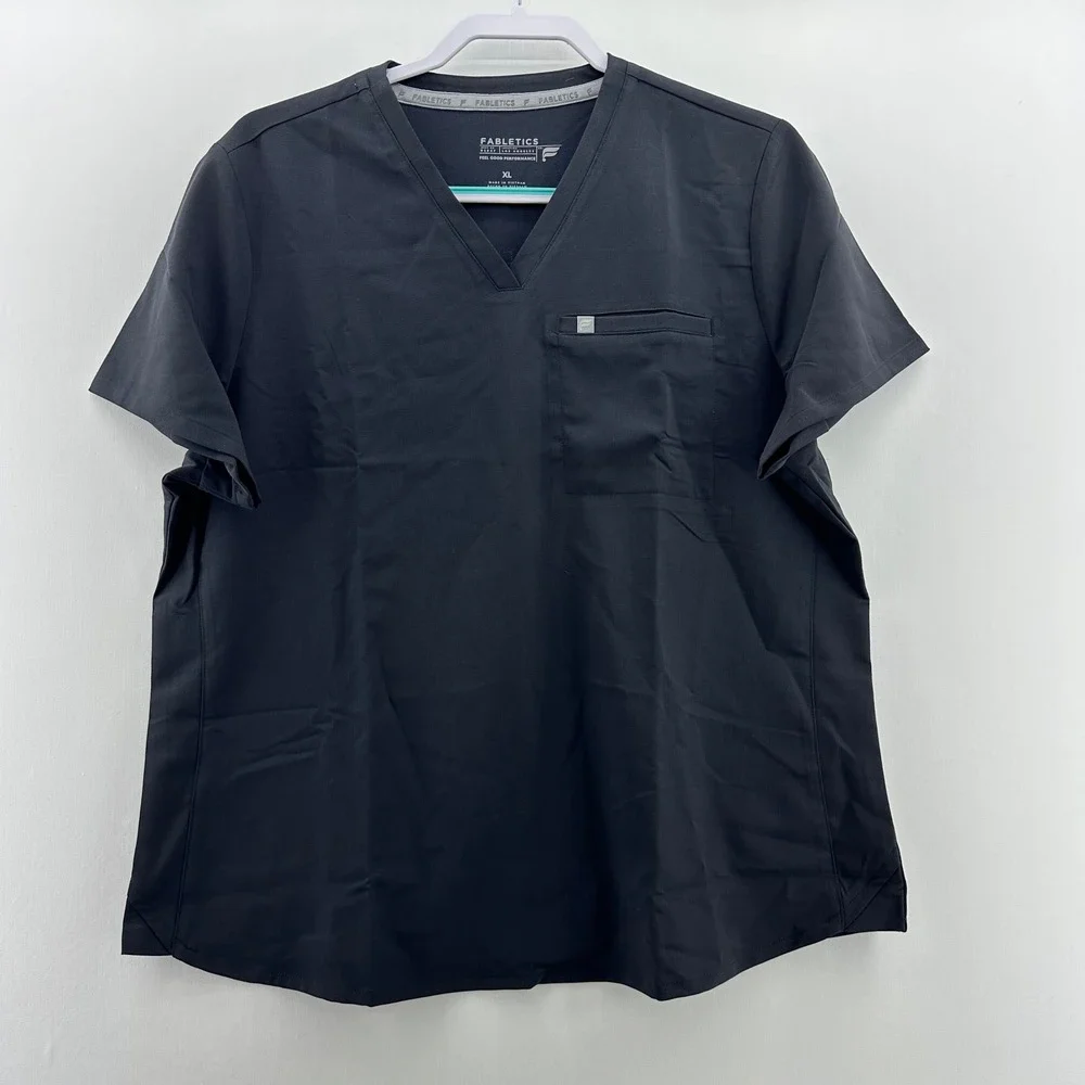 Fabletics XL Black V Neck Scrub Top Feel‎ Good Performance Short Sleeve Pocket