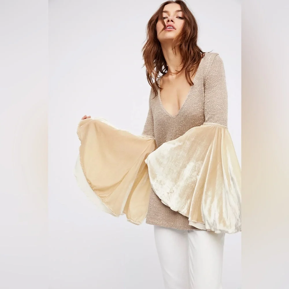 Free People Celestial Knit Bell Sleeve Metallic & Velvet Sweater M