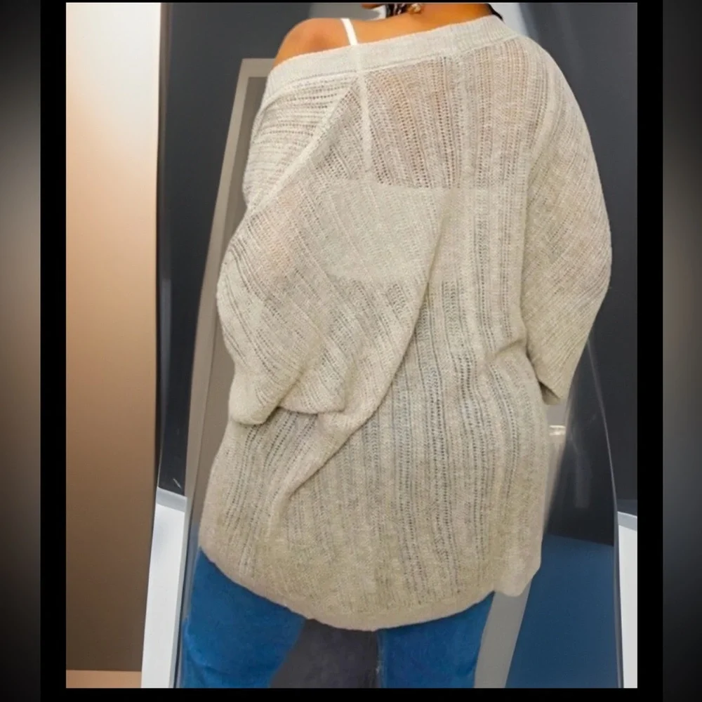 Vintage Style Knitted Loose Sheer Batwing Sleeves Ribbed Trim W/Strips Cardigan