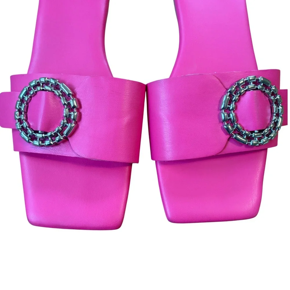 Open Edit Hot Pink Square Toe Slides Sandals Silver Buckle Flats Sz 9 Barbiecore