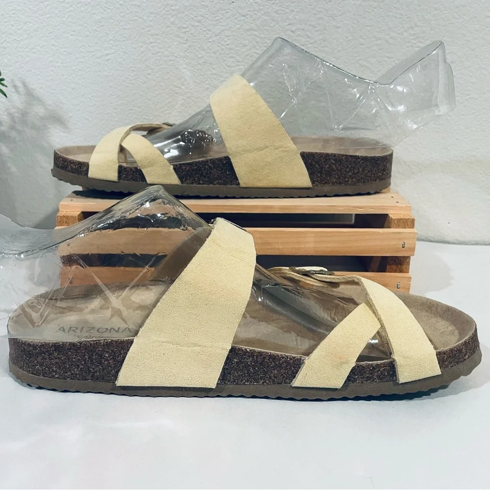 ☀️2/$20 Arizona “Fairhaven” Butter Yellow Vegan Leather Cork Sole Sandals |  EUC
