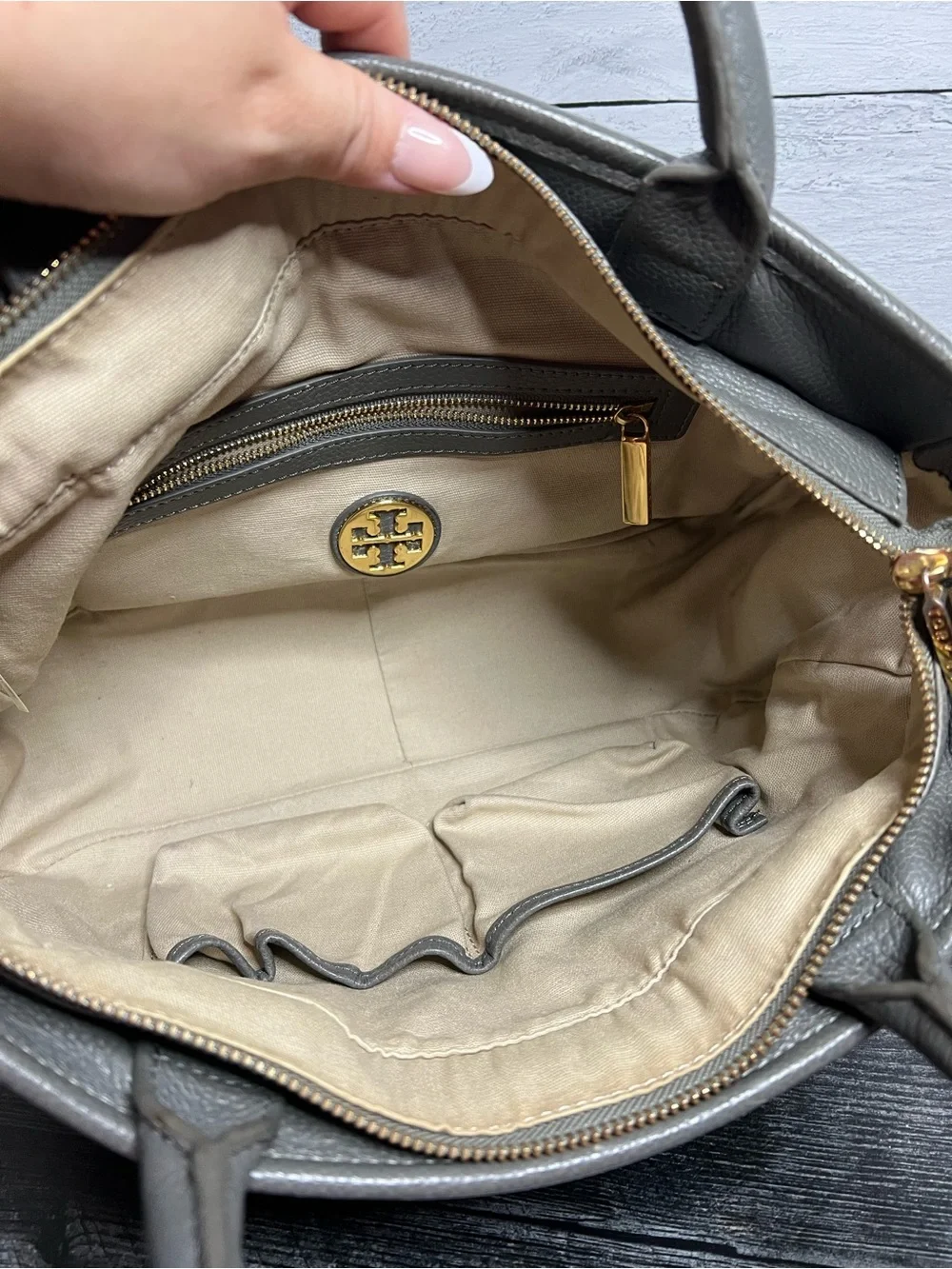 Tory Burch Gray Pebbled Leather Tote with Gold Horsebit Hardware