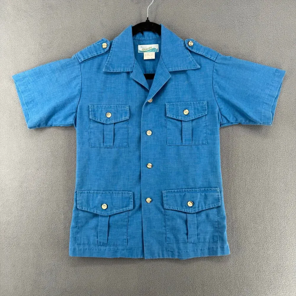 Vintage 60s Penneys Hawaii Camp Shirt Womens 16/S? Blue Lightweight Cotton Blend