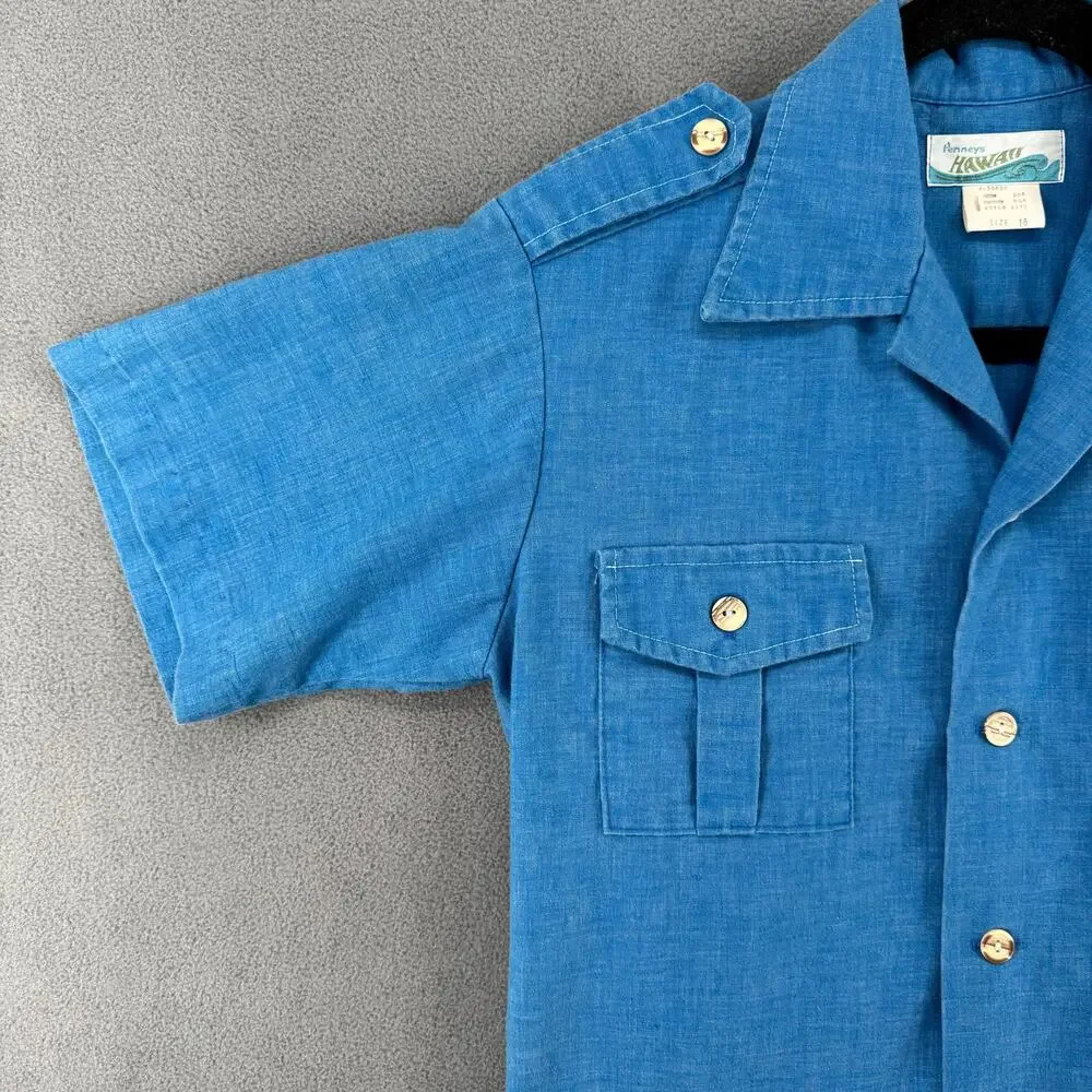 Vintage 60s Penneys Hawaii Camp Shirt Womens 16/S? Blue Lightweight Cotton Blend