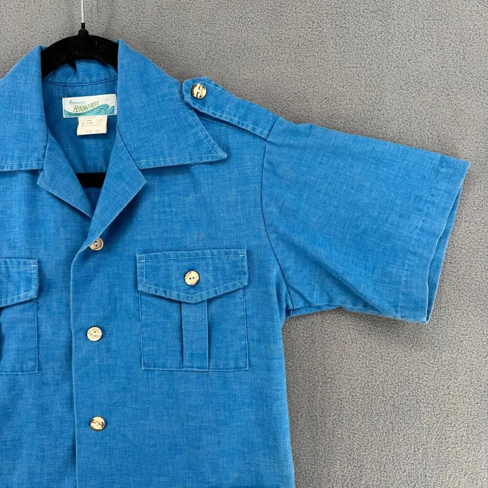 Vintage 60s Penneys Hawaii Camp Shirt Womens 16/S? Blue Lightweight Cotton Blend
