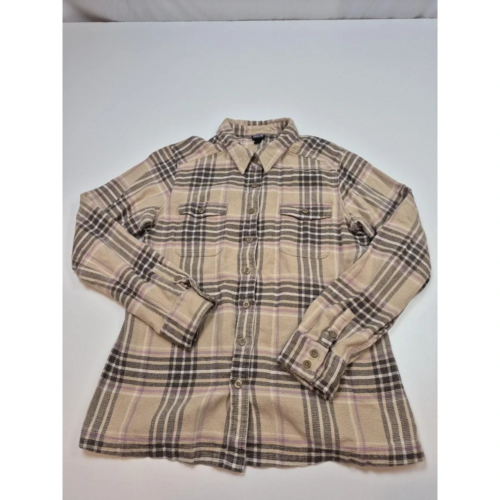Patagonia Fjord Flannel Shirt Womens 14 Beige Organic Cotton Plaid Long Sleeve