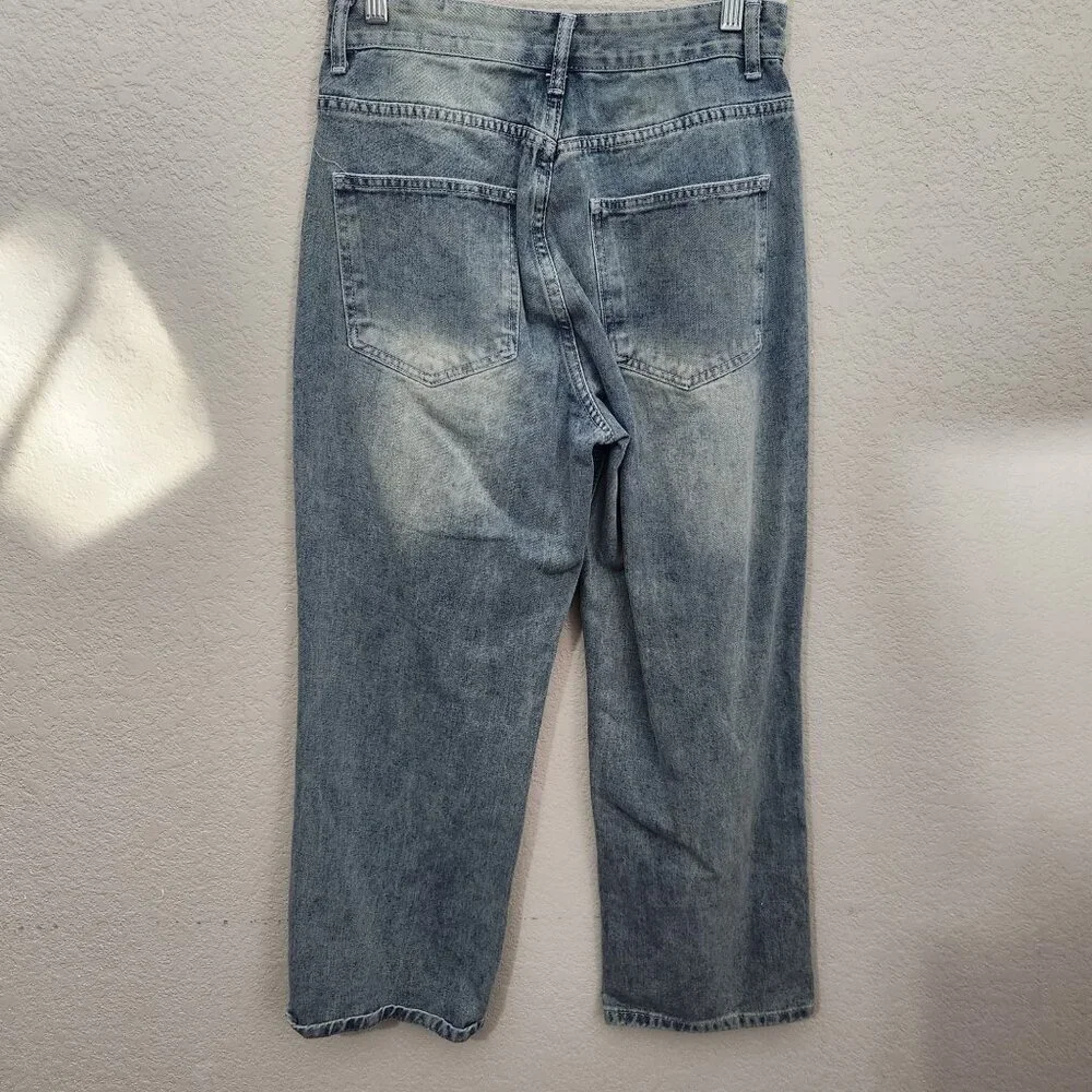 Womens Washed Blue Denim Crop Jeans XS Relaxed Fit Stretch Made In China