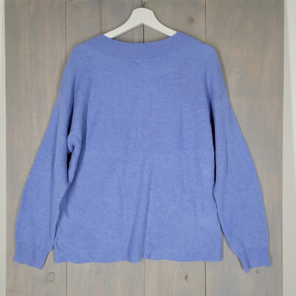 Nine West V Neck Sweater Womens Large Heron Blue Ribbed Knit DNWS2988-HER NEW‎