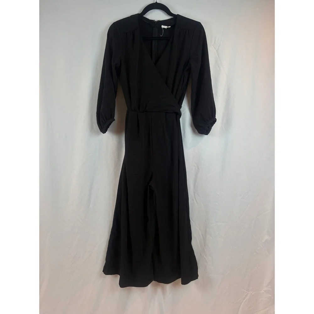 Black Wrap‎ V-Neck Jumpsuit 3/4 Sleeve Wide Leg Belted One-Piece Romper