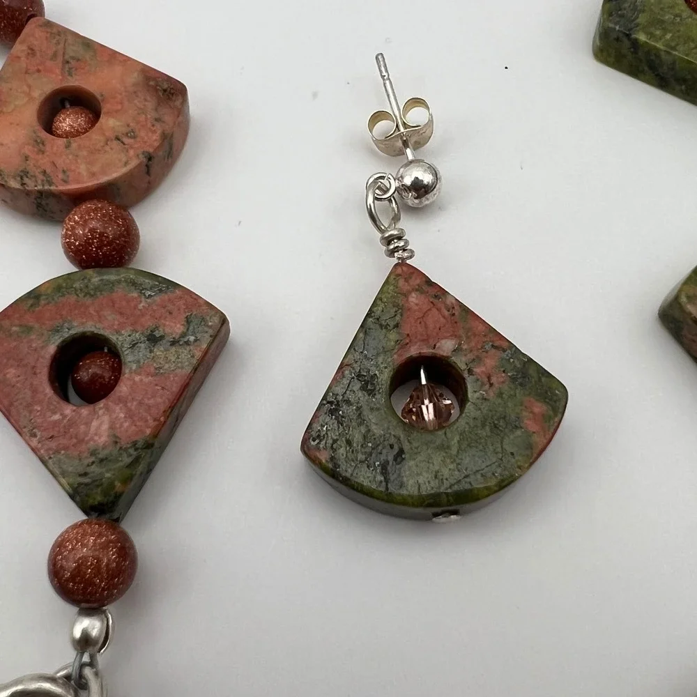 Unakite & Goldstone Sterling Silver Jewelry Set – Necklace, Bracelet, Earrings‎