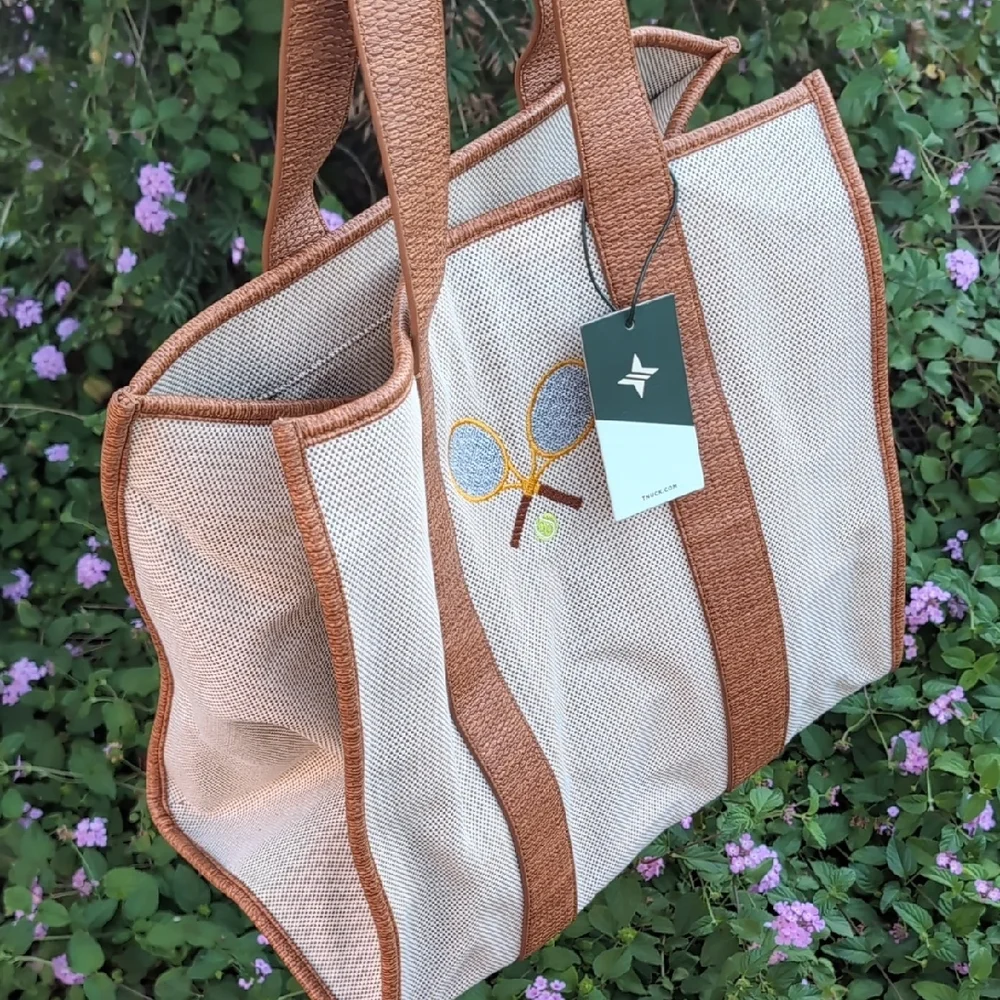 Brown and Cream Tote Bag with Tennis Racket Design