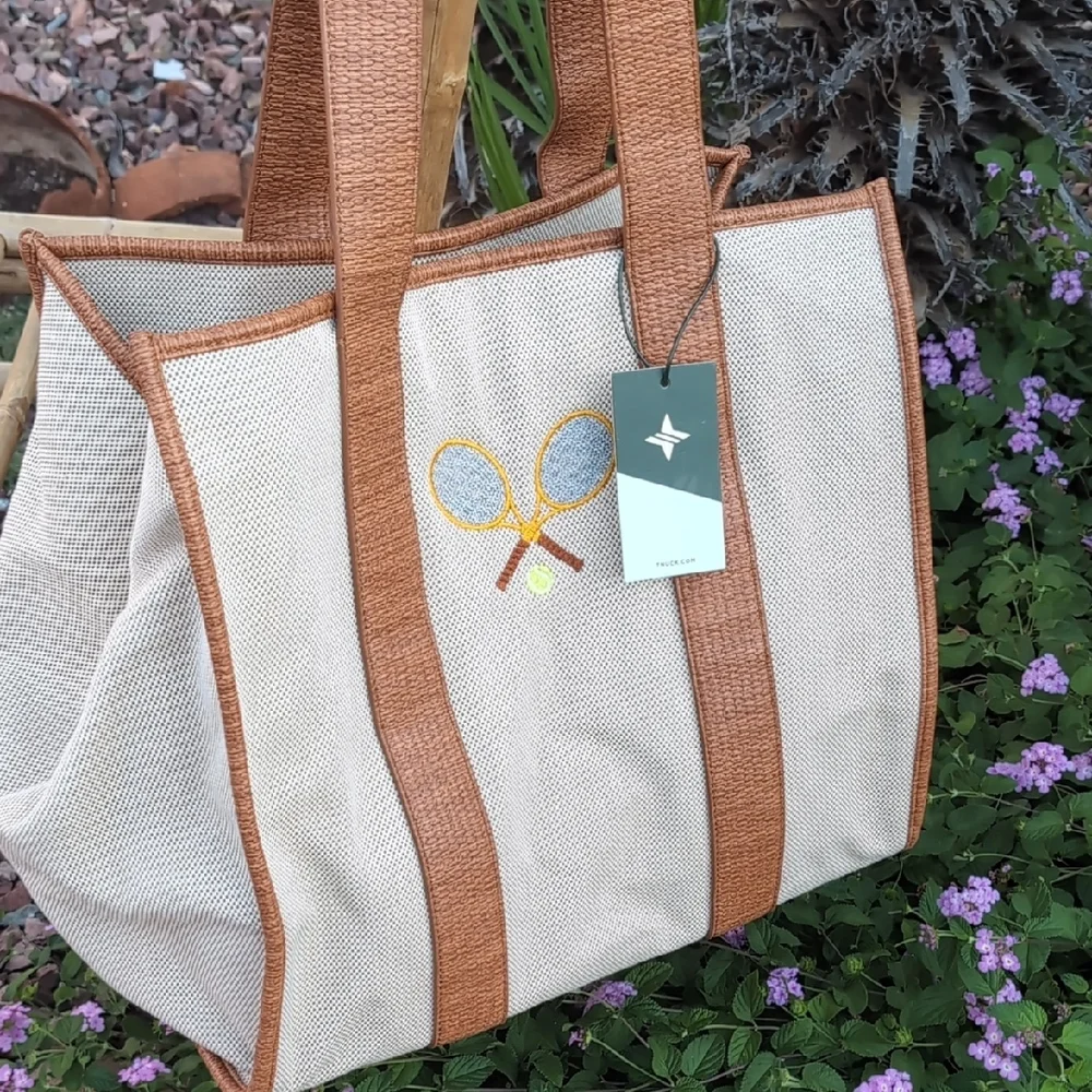 Brown and Cream Tote Bag with Tennis Racket Design